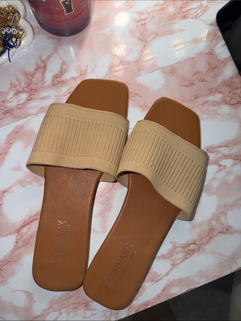 Beige Knit Slide Sandals for Women